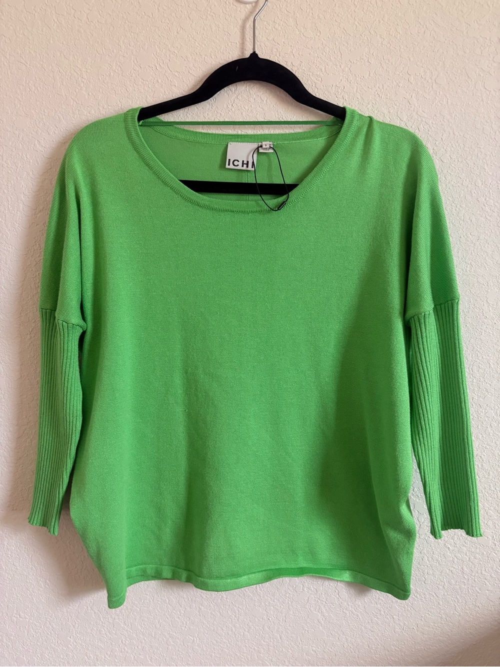 ICHI Kiwi Green Boxy 3/4 Sleeve Knit Sweater Top Size S